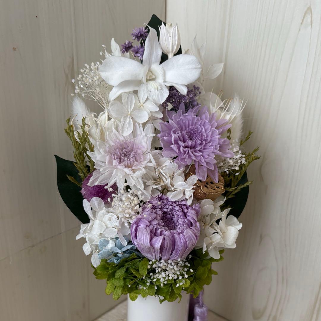 プリザーブドフラワー仏花アレンジ、 Lサイズ、花器タッセル付 お供え