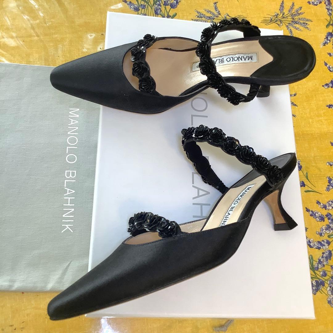 試着のみ新品! マノロブラニク バラモチーフ 極上サテン地 サンダル 22