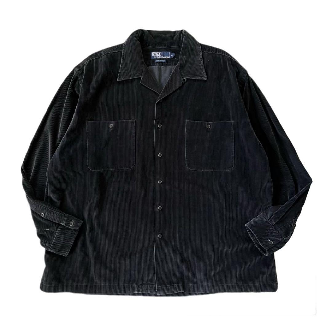 90s ポロカントリー コーデュロイ オープンカラーシャツ M 黒 RRL
