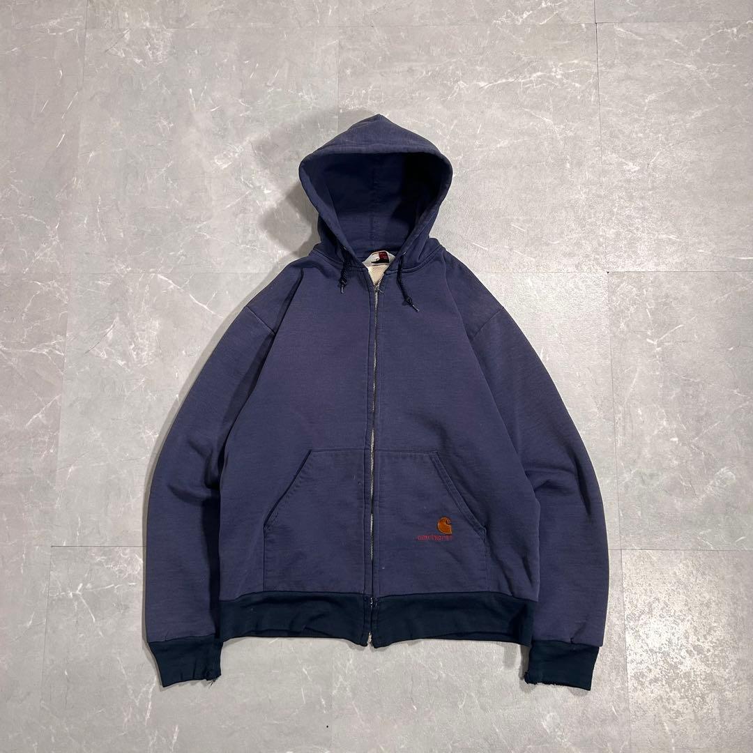 80s USA製 鬼フェード Carhartt 裏サーマルジップパーカー ナス紺