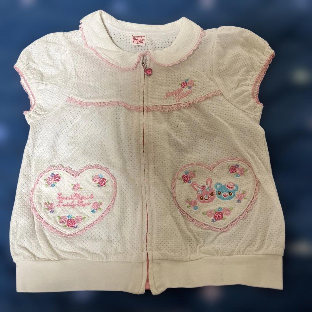 レトロメゾピアノ 120 刺繍ハート ミミポポジップアップ メゾピアノ フリース ジップアップ パーカー 平成レトロ 総柄 110