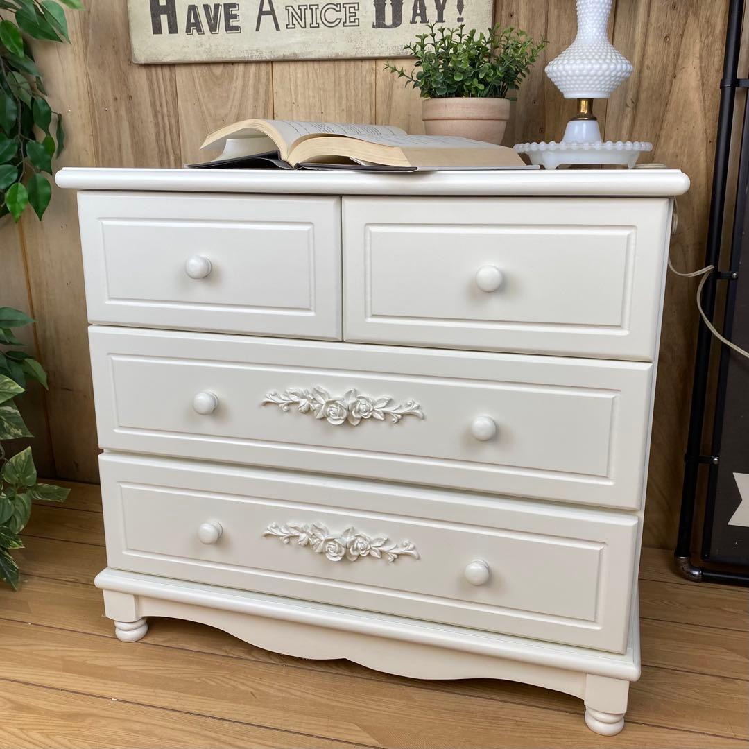 フレンチカントリー北欧調ホワイトチェスト三段四つ引き木製洋タンス