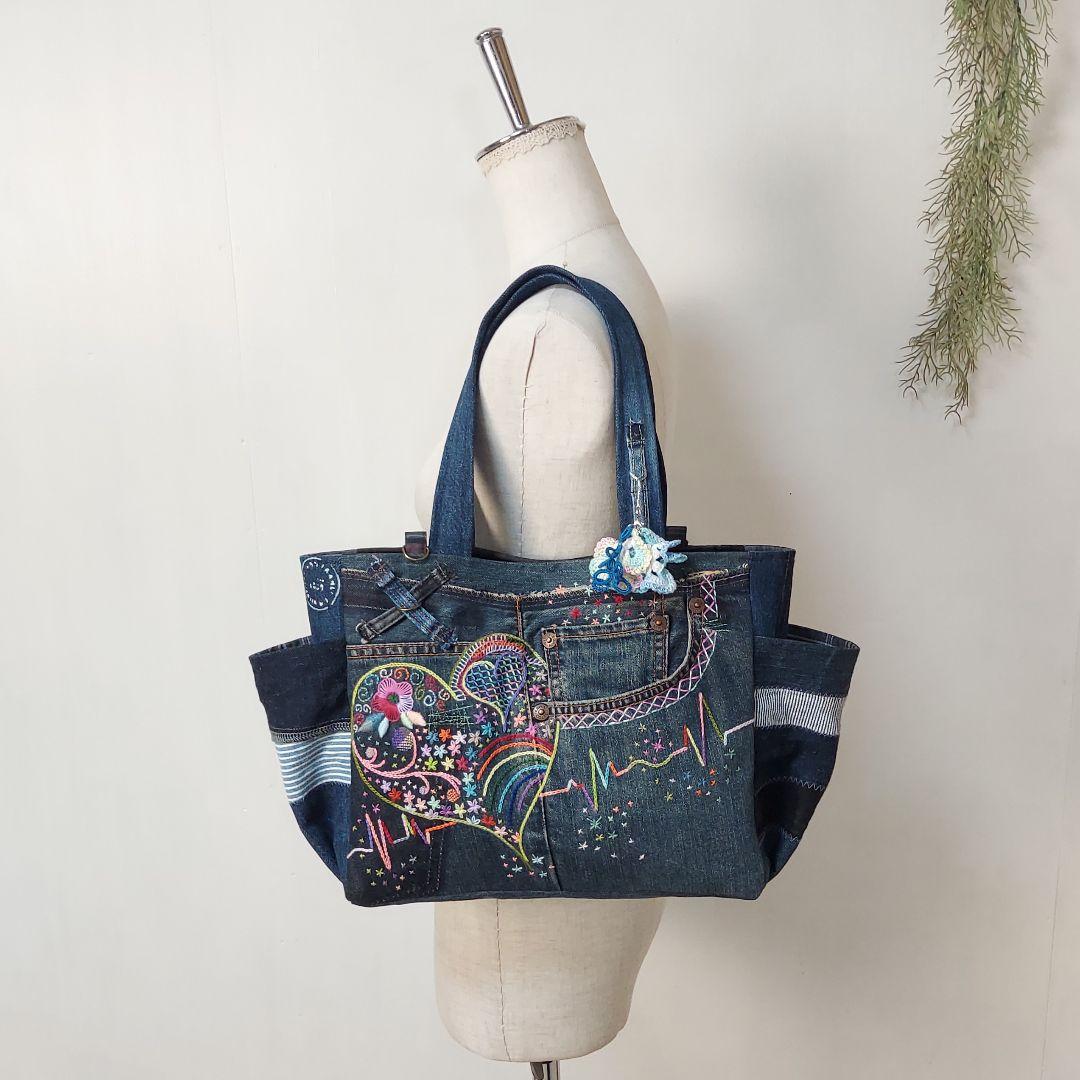 刺繍デニムバック No.674 デニムリメイク サイドポケット 刺繍バック