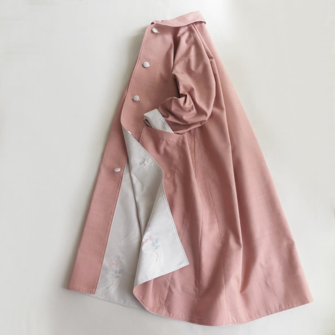 着物リメイク 白大島紬 リバーシブル ロング コート マキシ 羽織