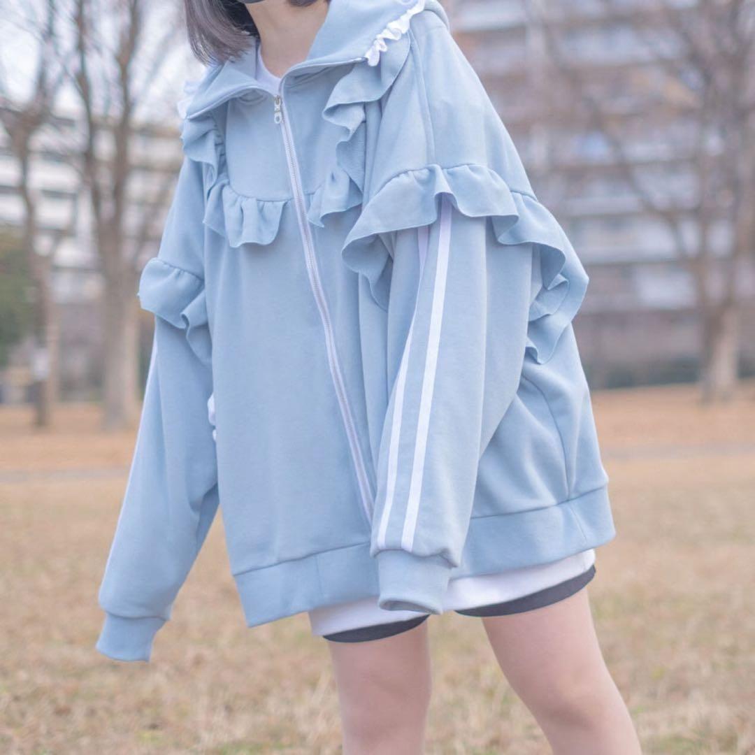 【試着のみ】 satoi フリルハイネックパーカー ライトブルー フリルチェックハイネックパーカー<light blue × black> | satoi