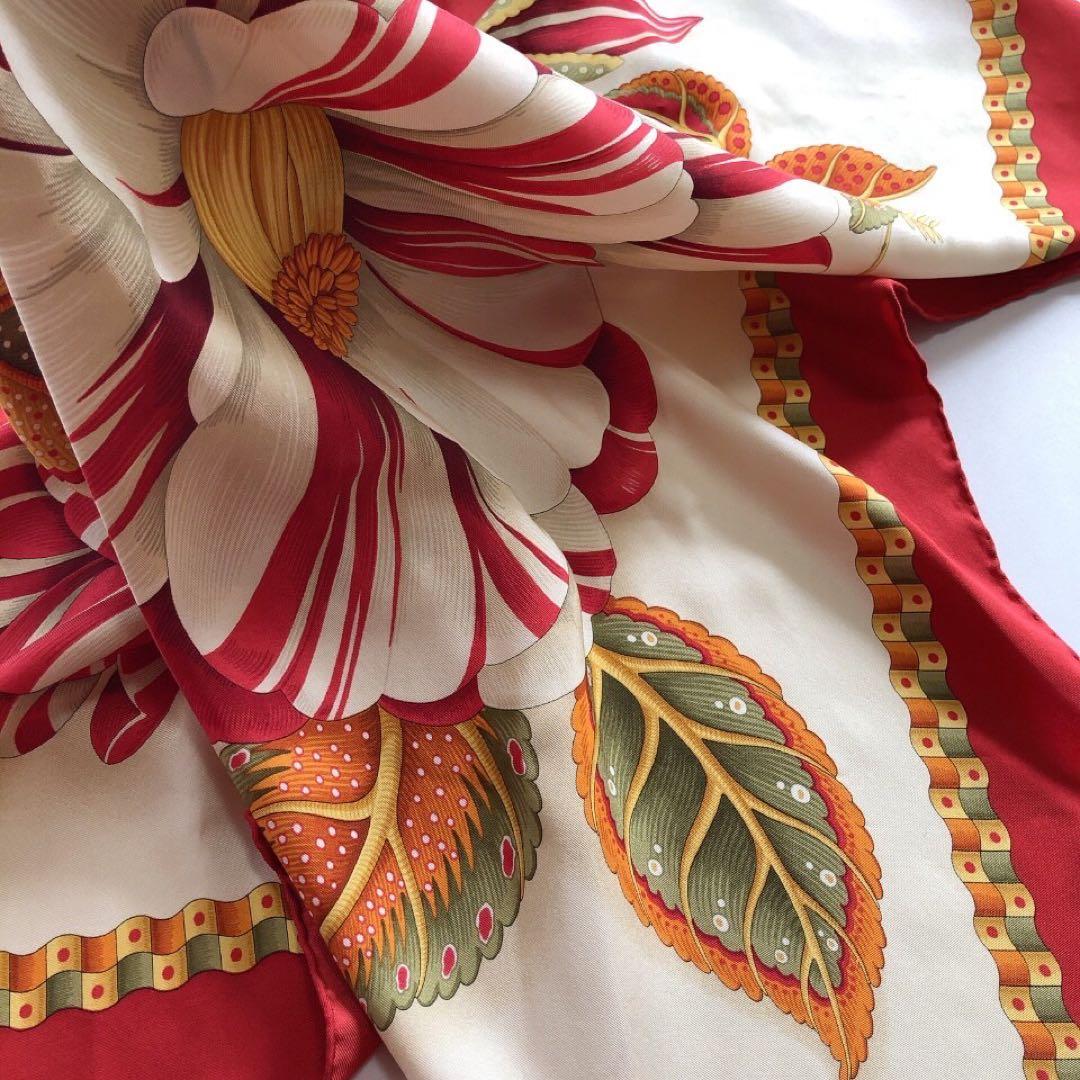 美品】Ferragamo フェラガモ 大判スカーフ 花柄 椿 フラワー シルク