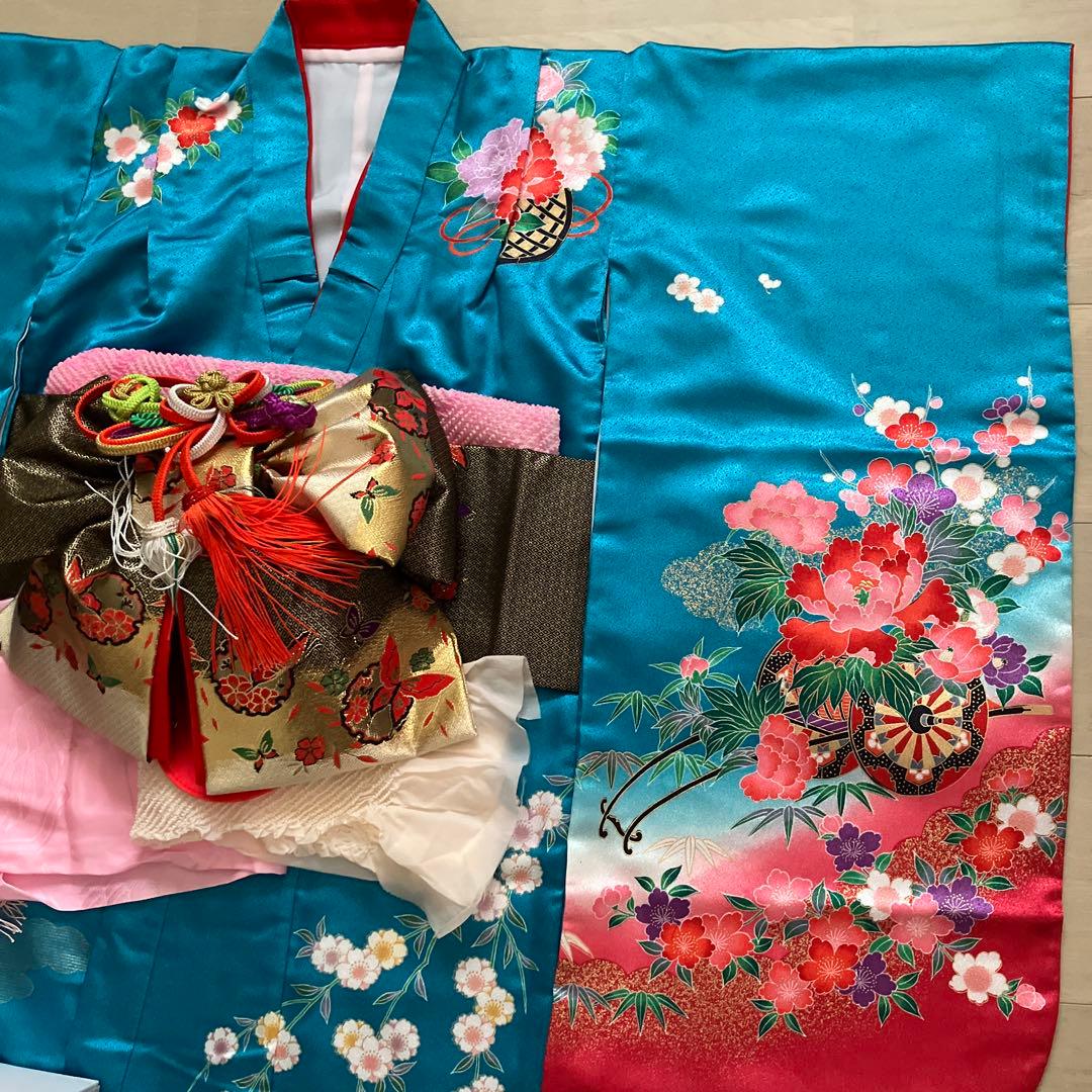 ☆底値！百貨店購入7歳七五三フルセット青花柄 着物長襦袢紐小物和装