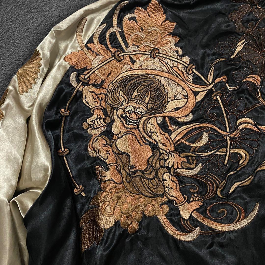 \"5L„ 絡繰魂 風神&雷神 刺繍 ポリエステルサテン スカジャン ビッグサイズ