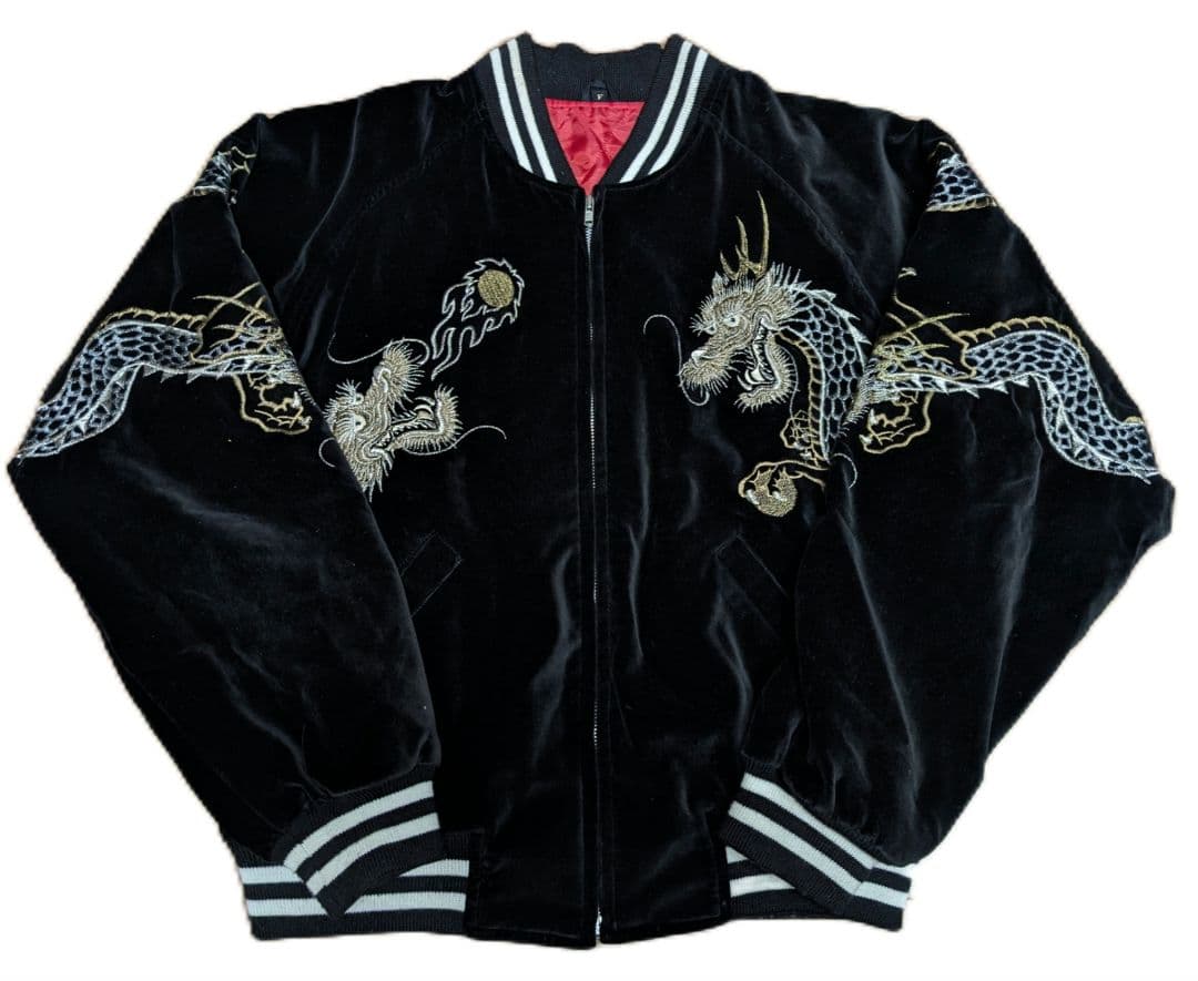 Hoshihime 星姫 別珍/ベロア スカジャン つなぎ双龍両面刺繍 中綿入り