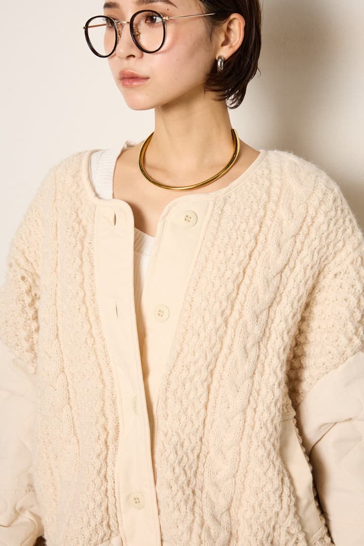 ESICA アラン編みニットノーカラー裾キルティングブルゾン エシカ