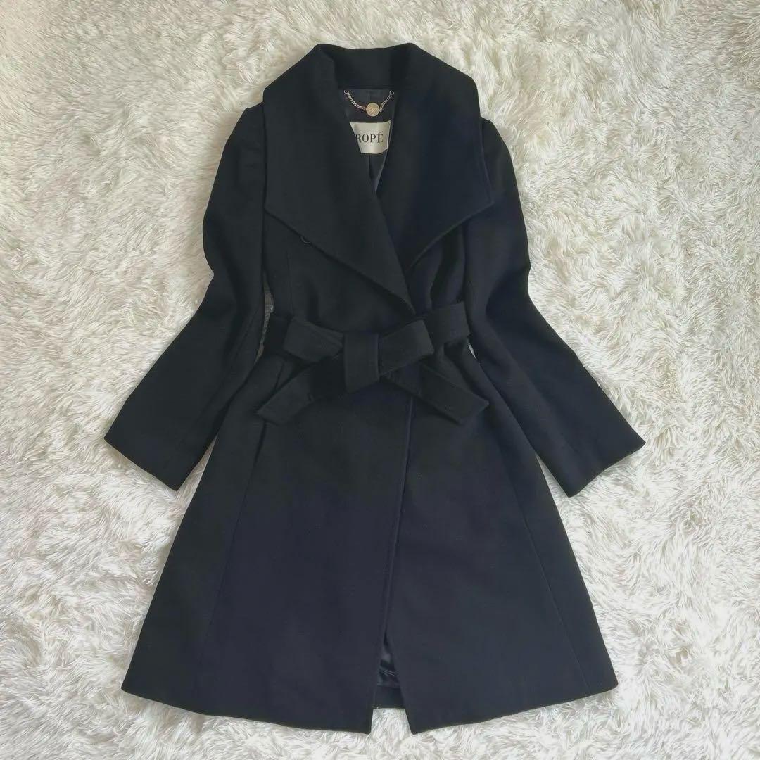 ロペ ダブルチェスターロングコート ベルテッド 女優襟 カシミヤ混 38