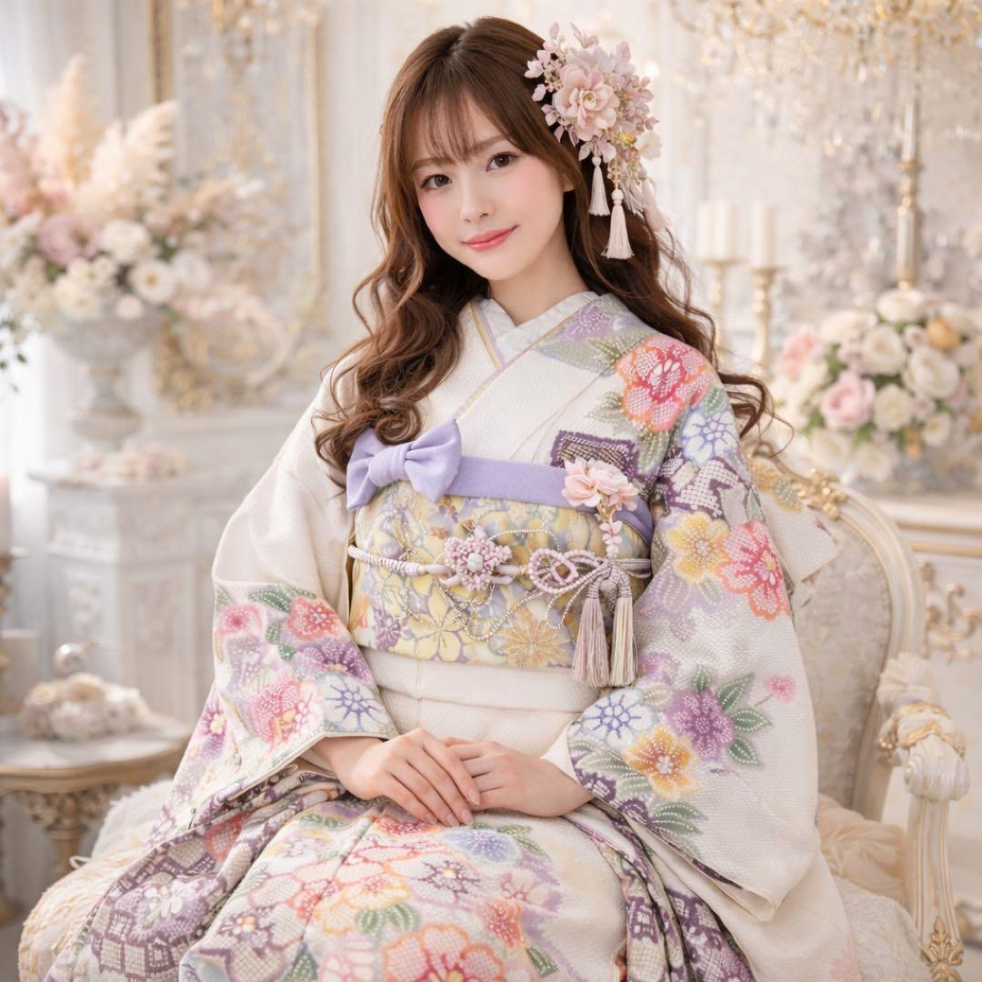 美品 総絞り 白地 染分け 金駒刺繍 逸品 振袖 フルセット 振り袖