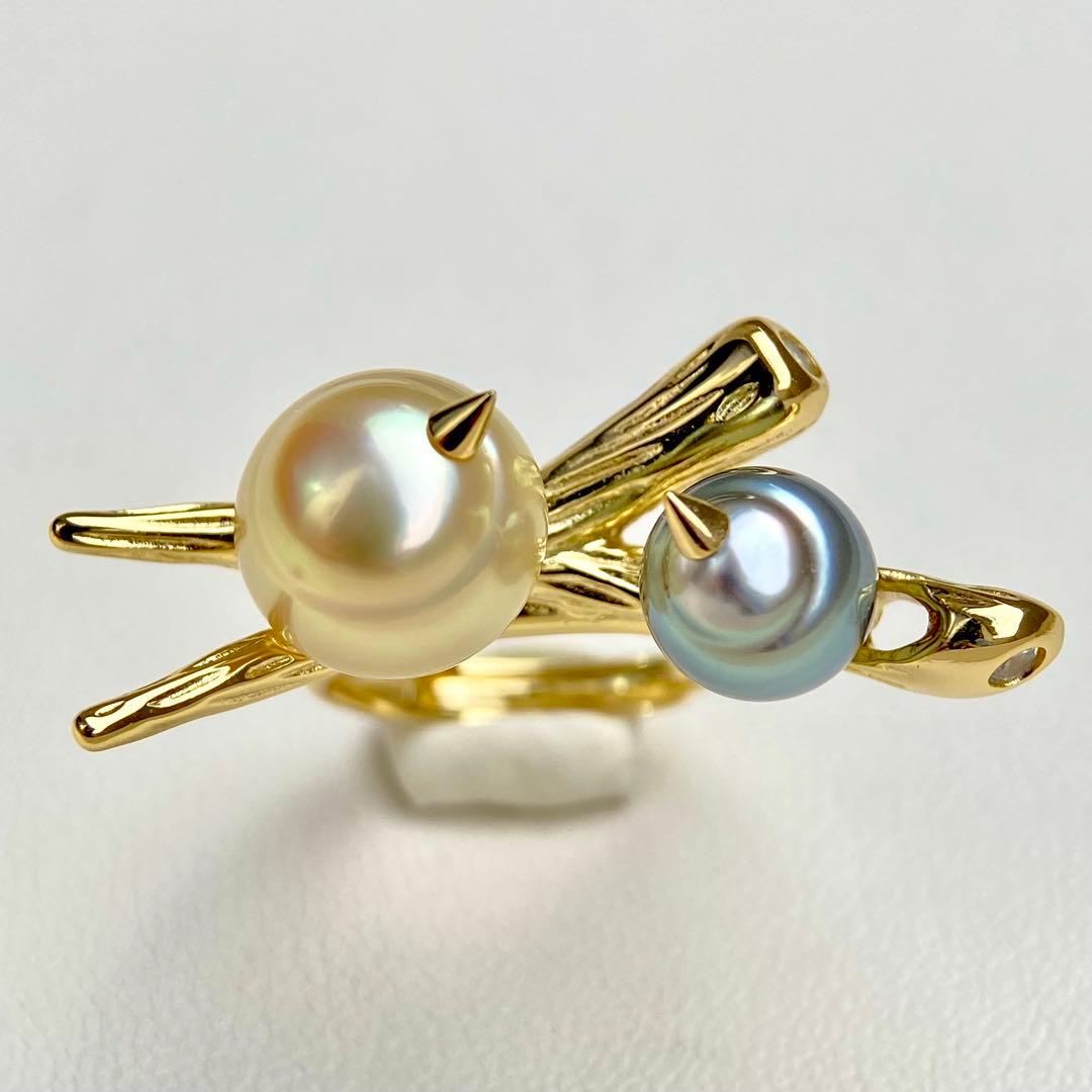 リラックまま様専用南洋白蝶真珠と黒蝶真珠 双色「鳥と枝」s925リング