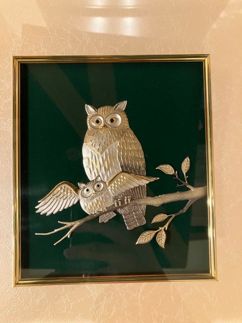 (刻印あり)武比古　銀の親子フクロウ 純銀木製額 ふくろう 3号緑 - TAKEHIKO - 武比古 - 日本の伝統工芸・関