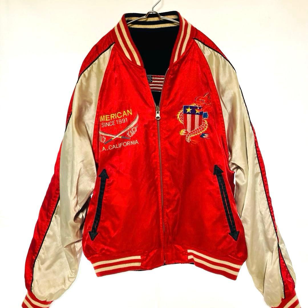 リバーシブル スカジャン ベロア×サテン 龍 刺繍 星条旗 90s Mサイズの
