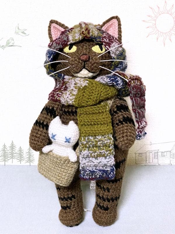 いっしょにおでかけ♪フード付きマフラーのキジトラ猫さんのあみぐるみ いっしょにおでかけ♪フード付きマフラーのキジトラ猫さんのあみぐるみ