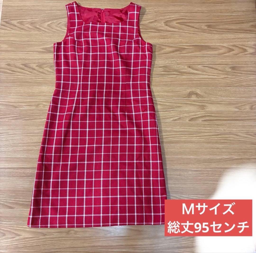 赤 チェック柄 ノースリーブ ワンピース Mサイズ - メルカリ