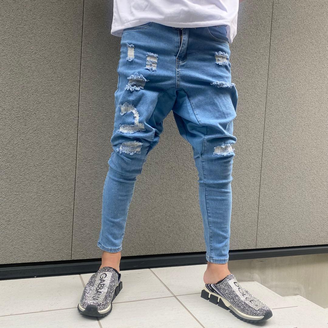 オーダー品】サルエル パンツ デニム ライトブルー スキニー 検 GACKT