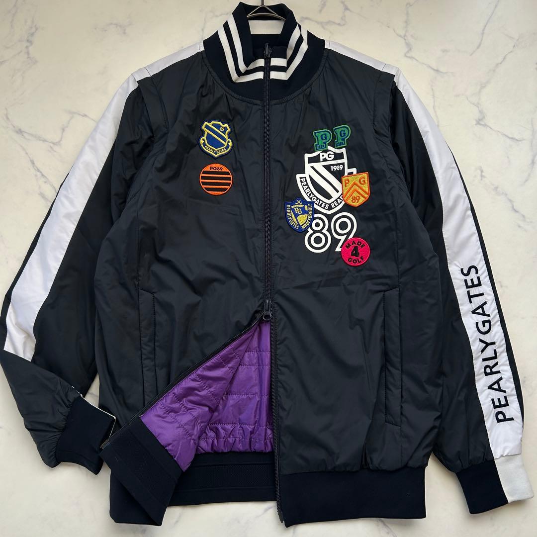 美品 パーリーゲイツ 4ウェイ ブルゾン リバーシブル カタログ掲載商品 ロゴ パーリーゲイツ 4WAYリバーシブル中綿ジャケット ネイビー×白 ロゴ