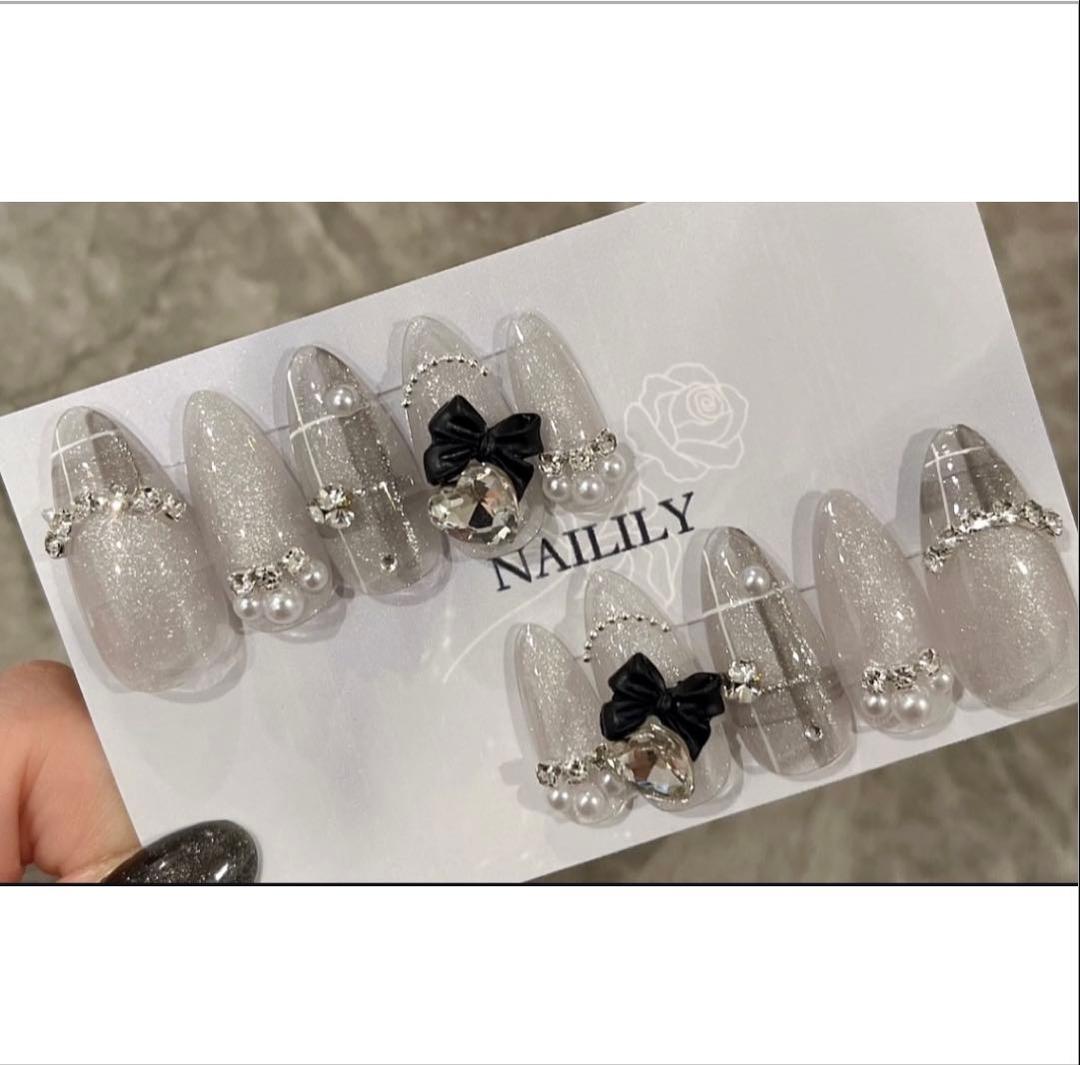 ネイルチップ マグネット チェック リボン ガーリー 韓国 量産型