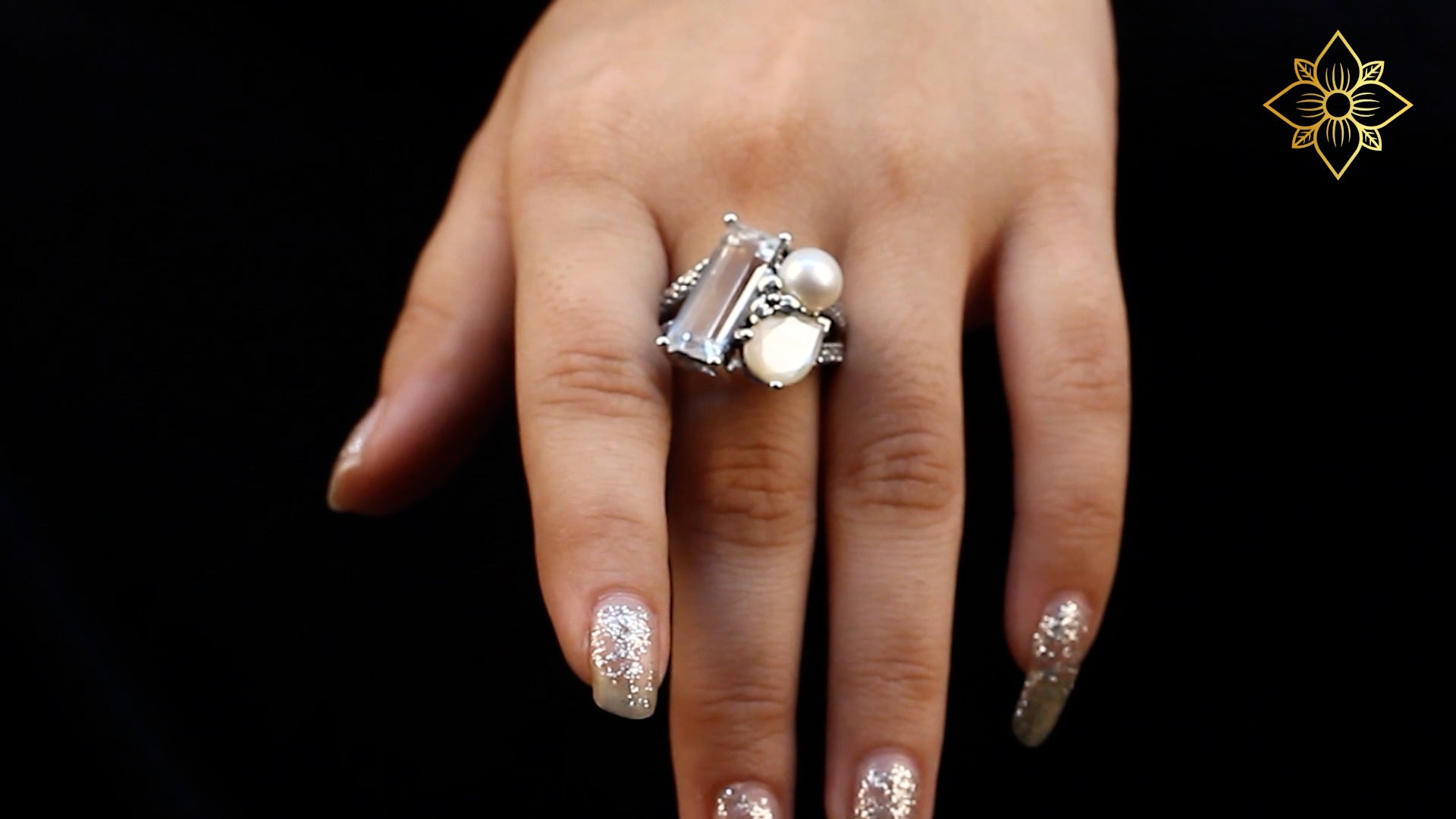 Rockrageous Natural Quartz Mother of Pearl and Pearl Ring in