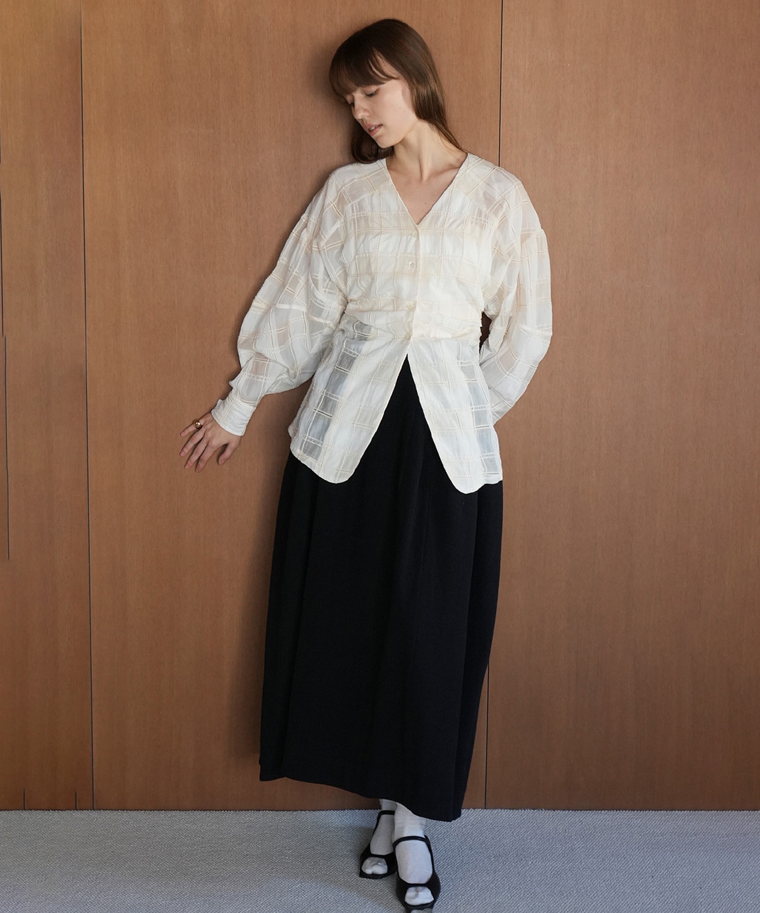 SHEER CHECK TUCK WAIST BLOUSE(1 IVORY): CLANE: WOMENS｜ STUDIOUS