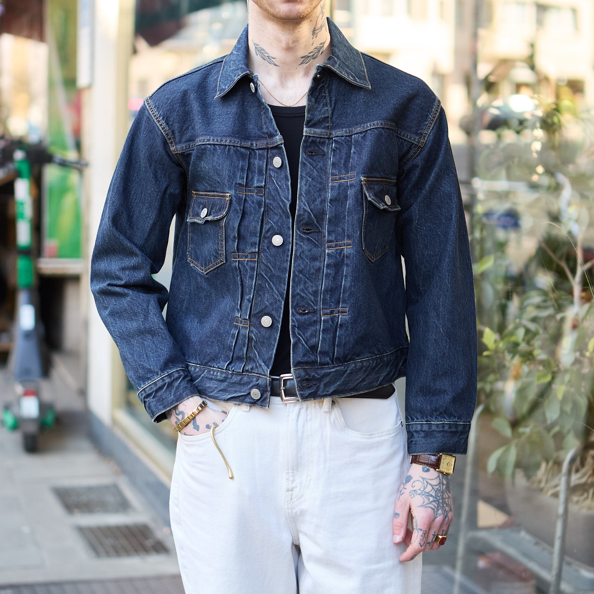 ciota | new double pocket denim jacket - dark blue damage – stuf|f