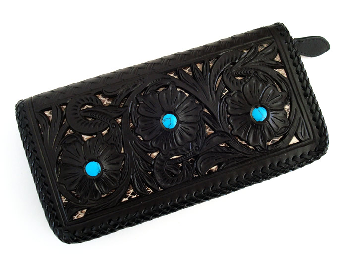 透かしカービング in パイソン ターコイズ かがり縫い ジップタイプ