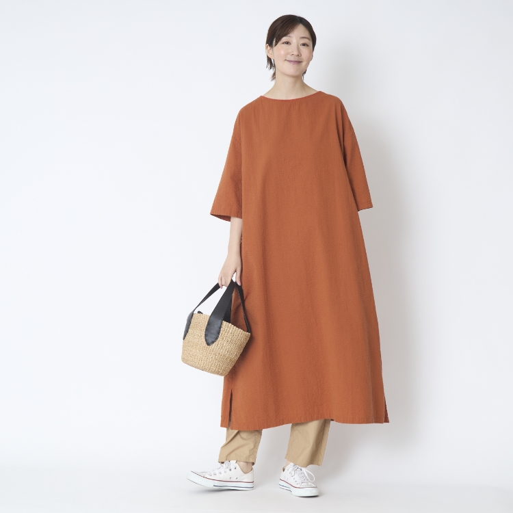 motone/7分袖ボートネックロングワンピース -綿100％サッカー生地で