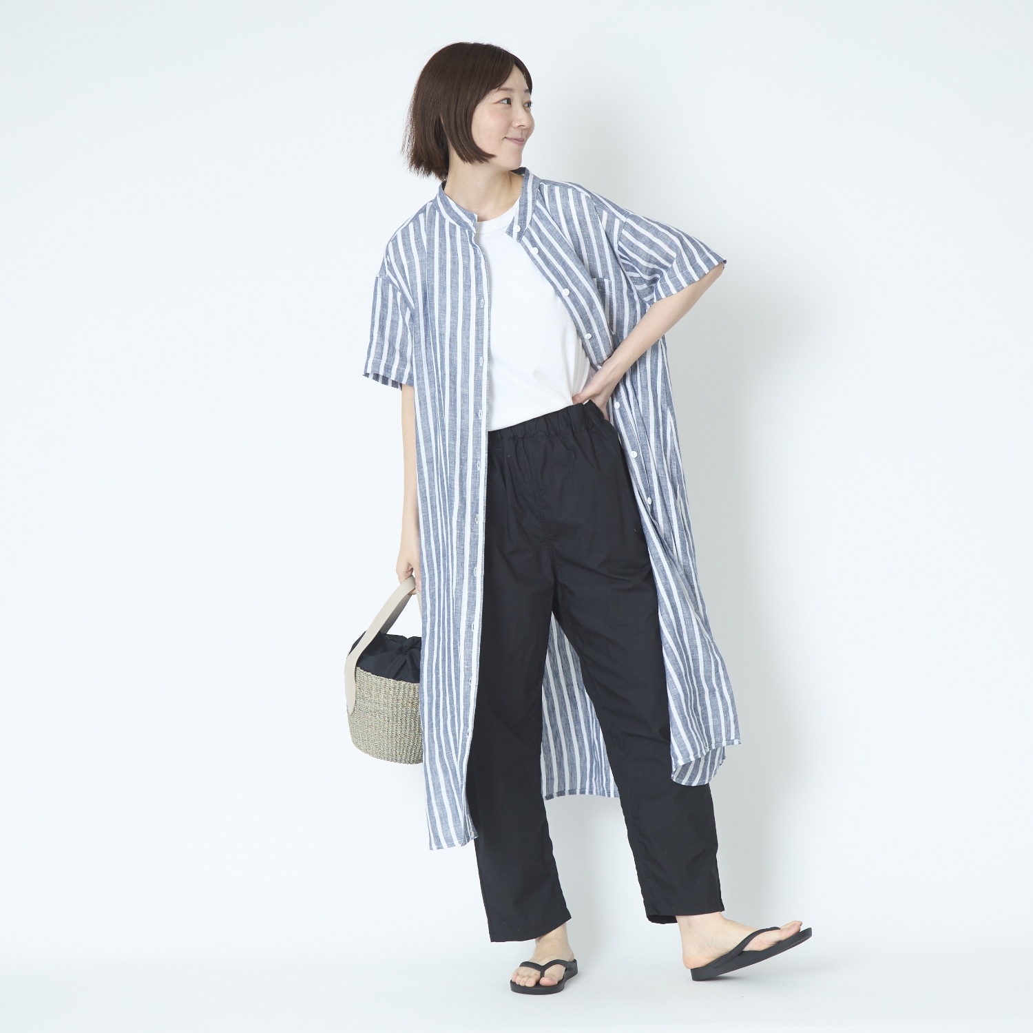 ubasoku/バンドカラー半袖シャツワンピース -熱と水分を逃すリネン100