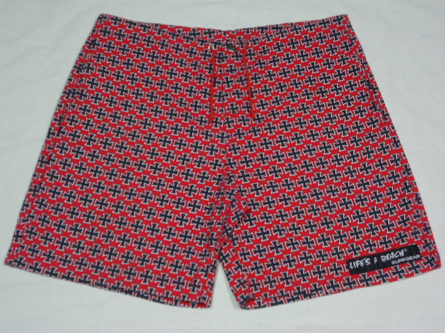 80'S LIFE'S A BEACH IRONCROSS総柄SHORTS（W35まで調節可） - ANAME