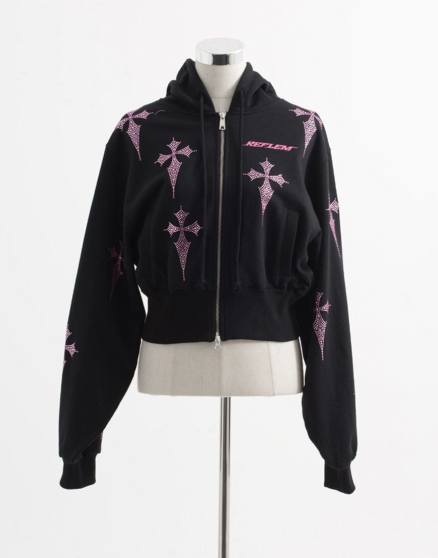 REFLEM【レフレム】ラインストーンクロス総柄長袖クロップドジップ