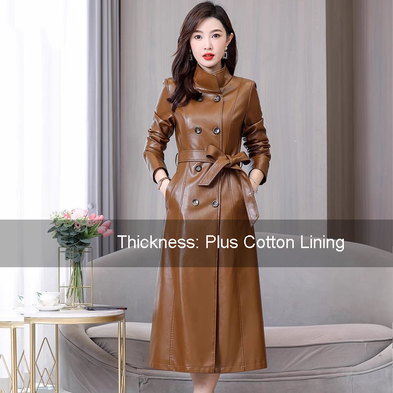 新しい 女性 レザートレンチコート 秋 冬 ファッション スタンドカラー