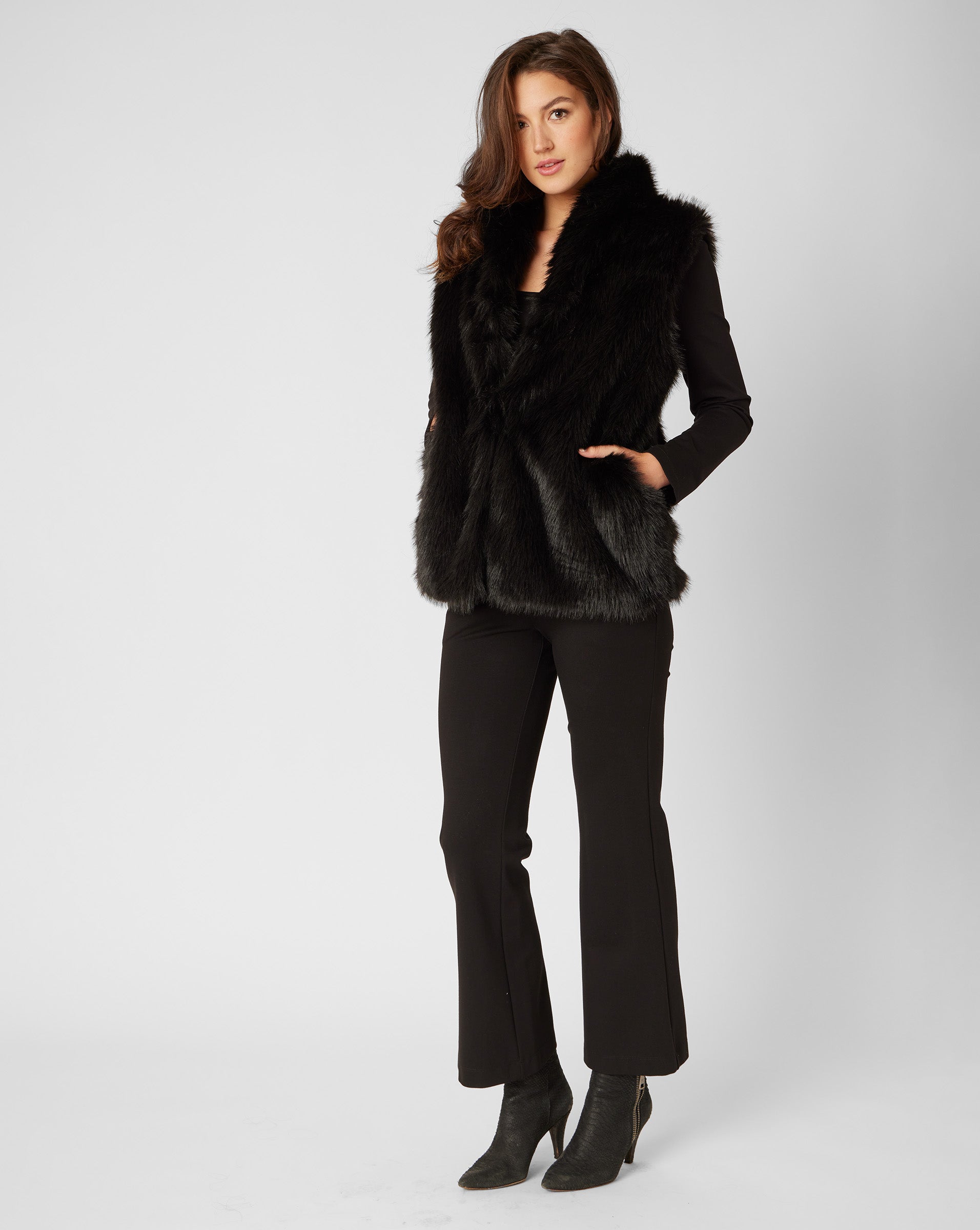 Adrienne Landau Black Faux Fur Vest with Stand Collar
