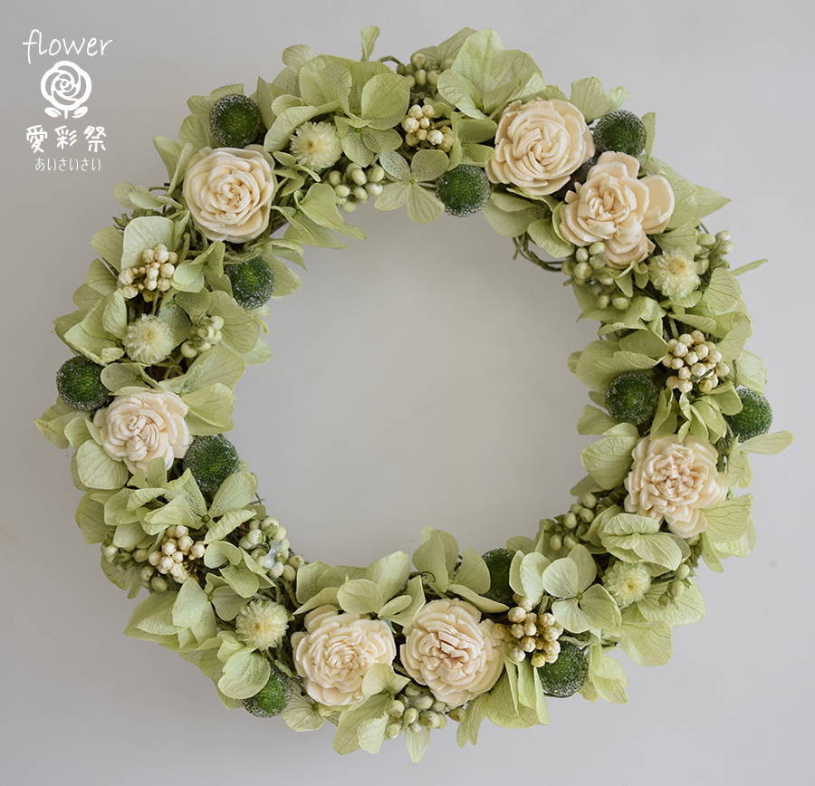 ドライフラワーリース 白いソーラーフラワーと緑のお花（16cm