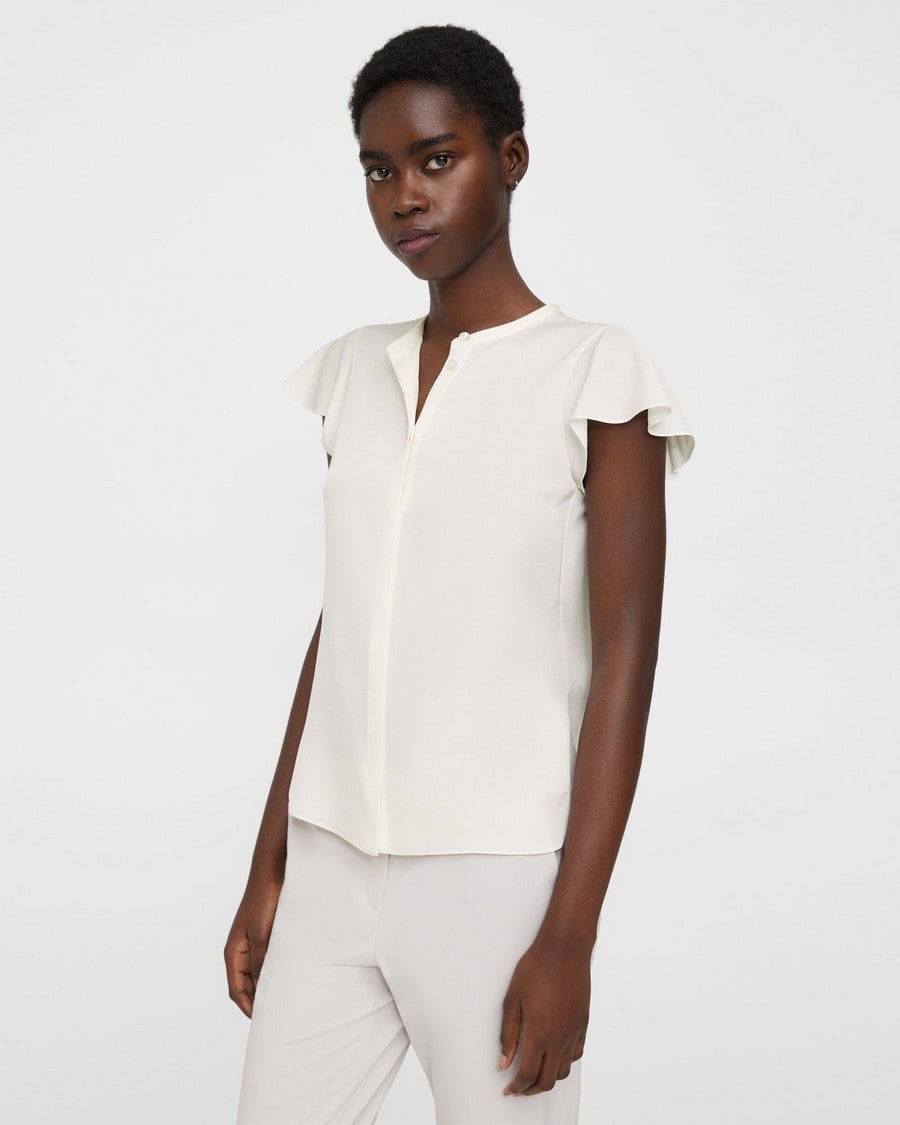 White Silk Georgette Ruffle Sleeve Top | Theory