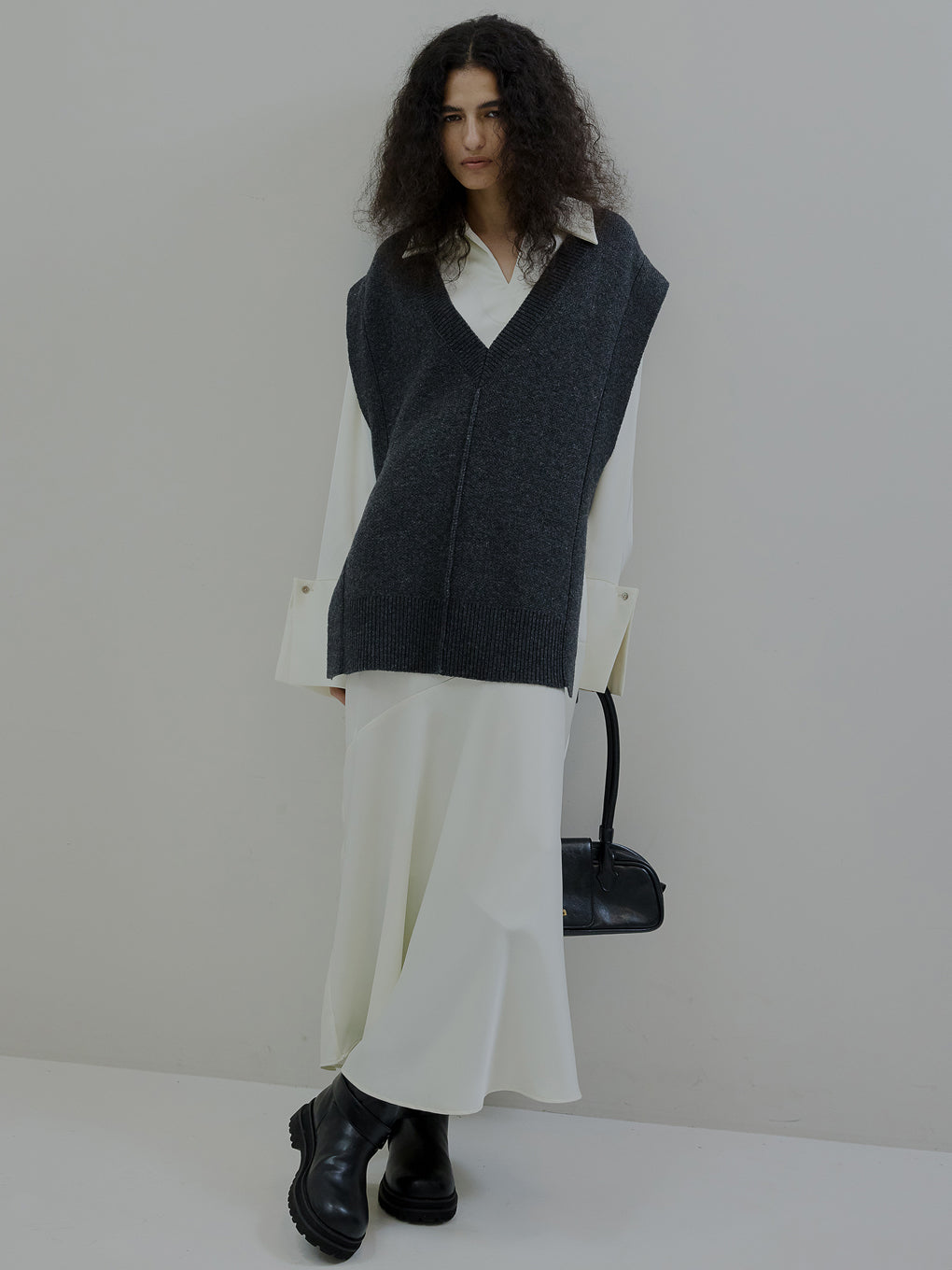 KNIT VEST SET SATIN DRESS