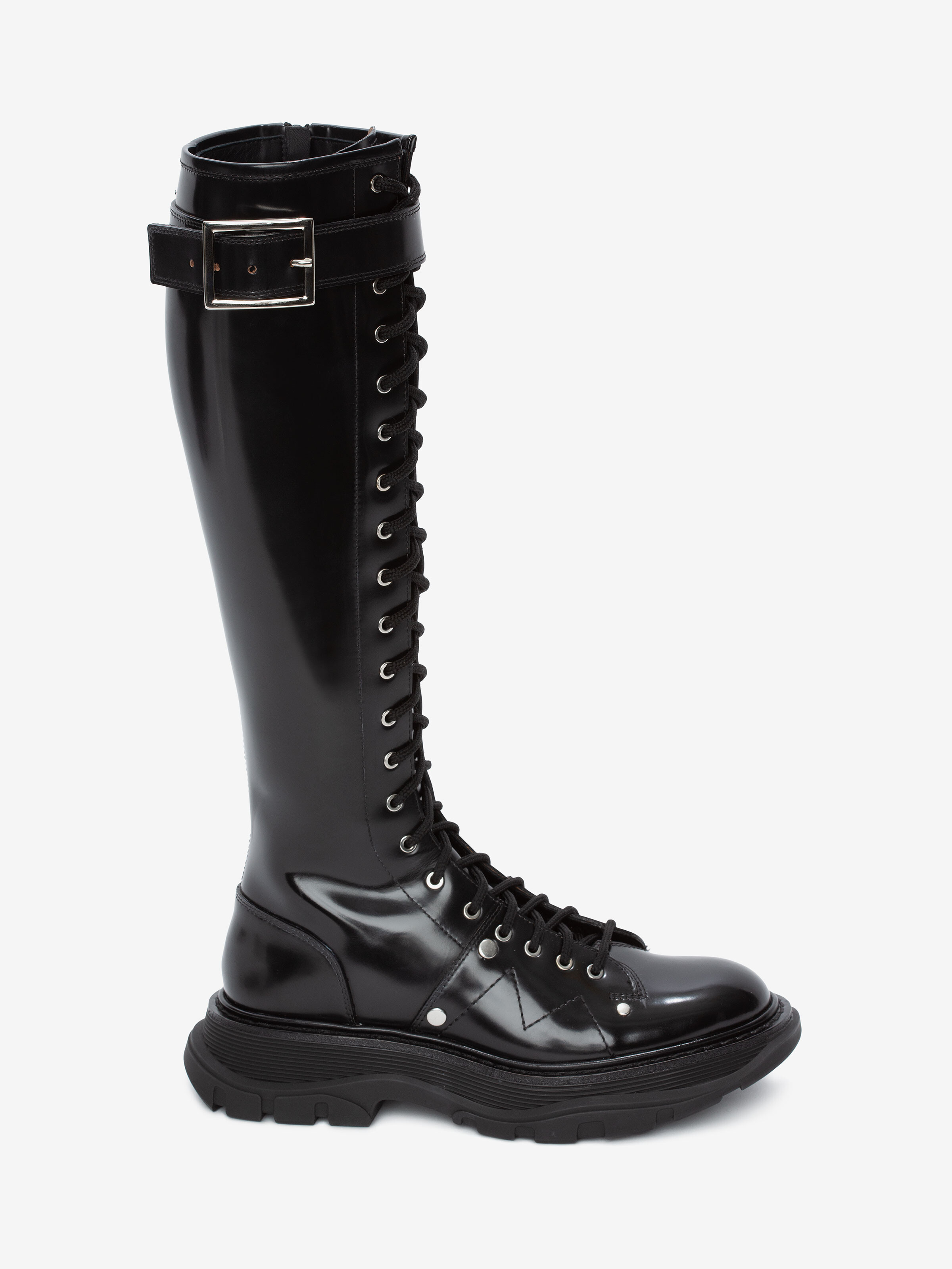 Women's Slick Knee-high Boot in Black/Silver | McQueen US
