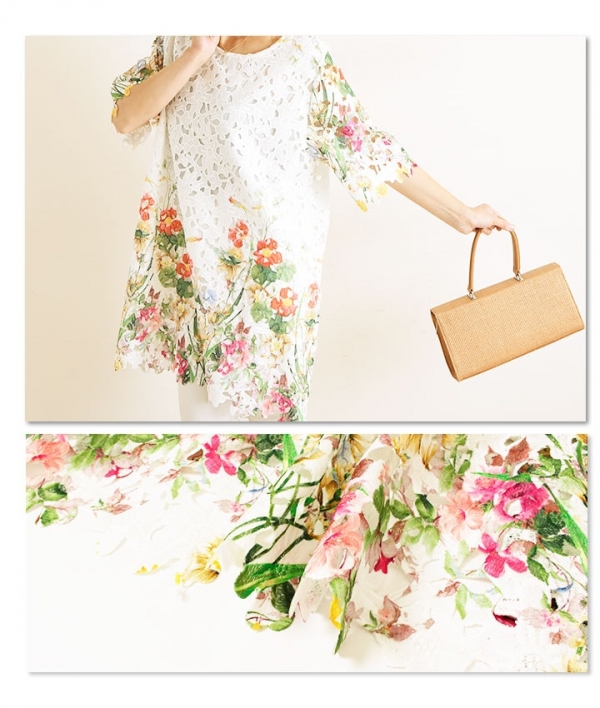 レディース 大人 上品 総レースカラフル花柄プリント半袖チュニック