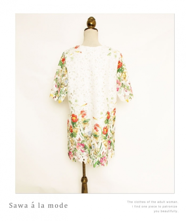 レディース 大人 上品 総レースカラフル花柄プリント半袖チュニック