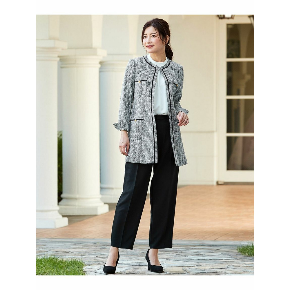 入学式・卒業式・フォーマル】ツイード調ロング丈ノーカラージャケット