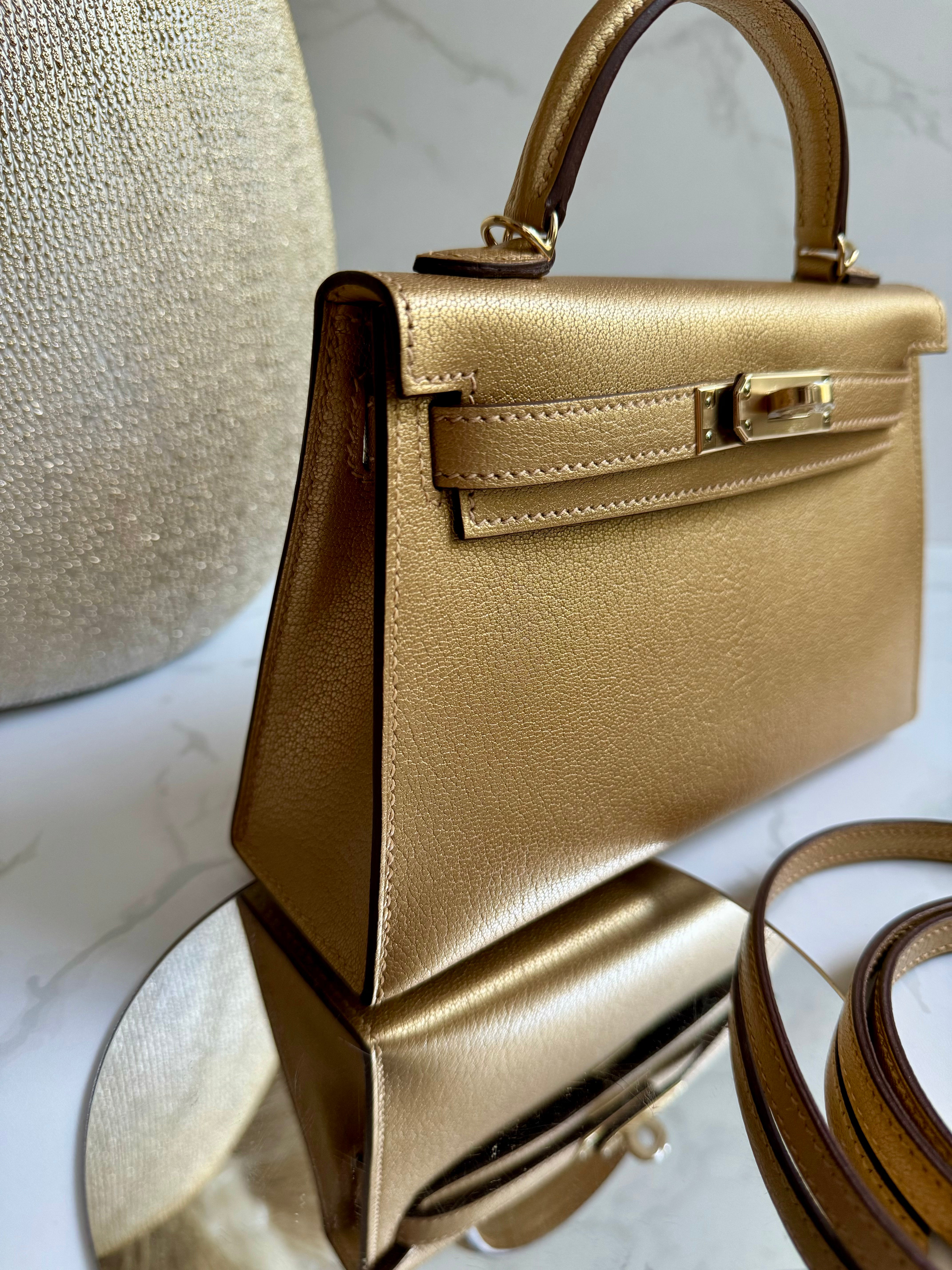 Hermès Mini Kelly Dore Metallic Gold Chèvre Olympic 2024 Champagne HW