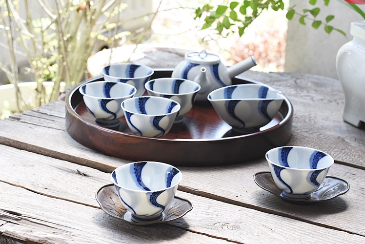 京焼 加藤利昌 染付捻り模様 煎茶器一式 急須 湯呑6客 湯さまし 8点