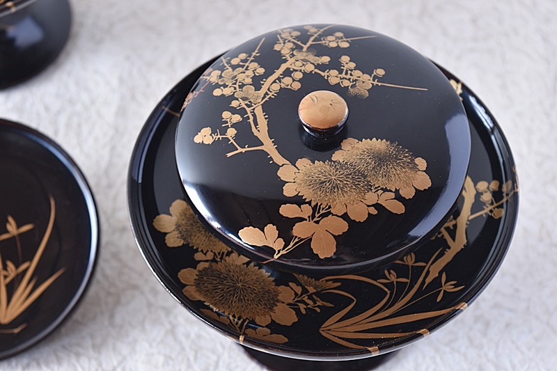 天然木製漆塗 四君子 金蒔絵 高茶台 天目台 2客セット - 生活骨董と