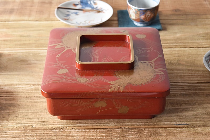 Y3113-2 大正期 漆器 金蒔絵 菓子器 18.3㎝ 共箱 Y3113-2 大正期 漆器