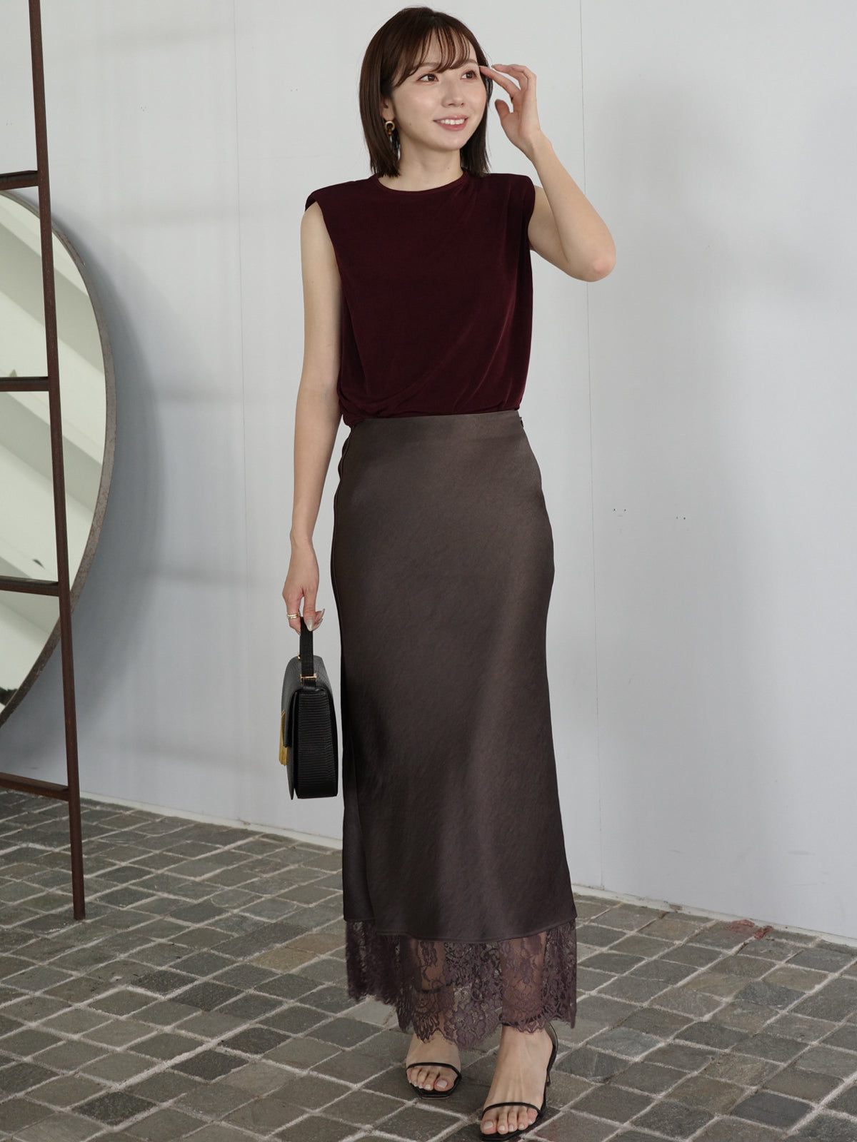 レースレイヤードサテンナロースカート