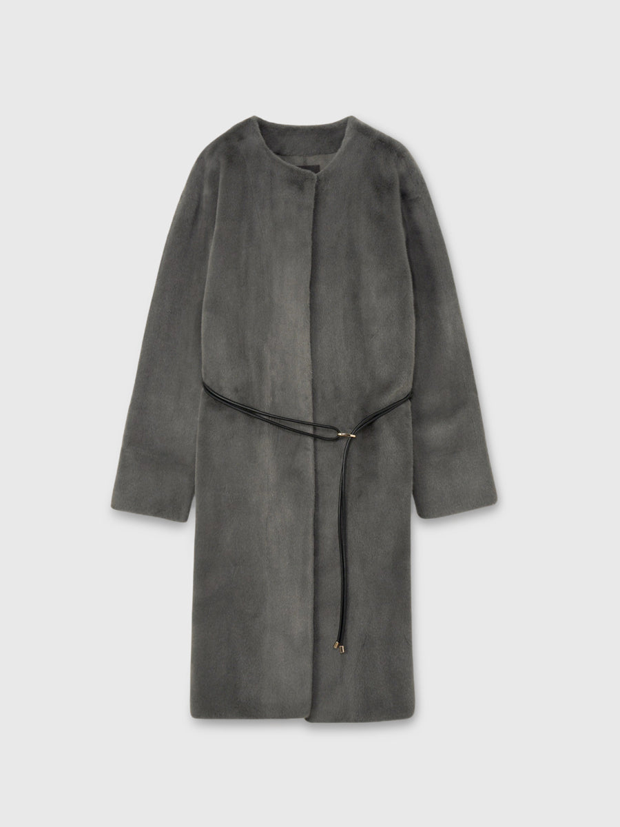 ECOPELノーカラーファーコート