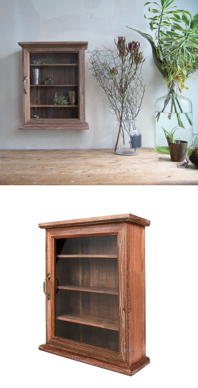 チーク4 段ウォールキャビネット 壁掛け 棚 ミディアムブラウン