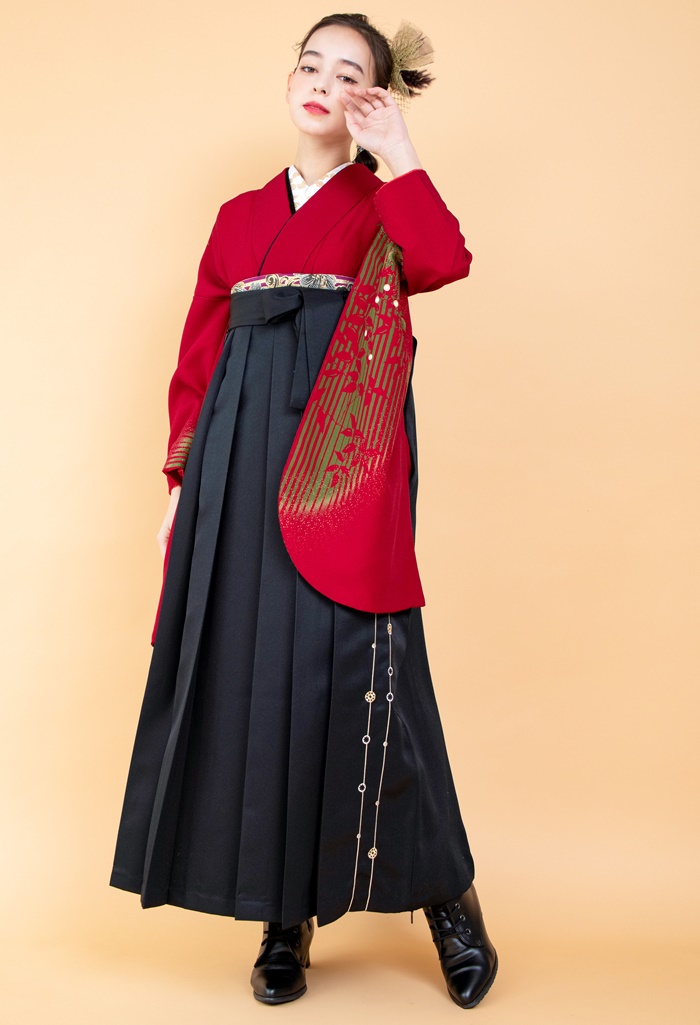 着物】エンジ花柄+【袴】黒すだれ｜卒業式袴宅配ネットレンタルange