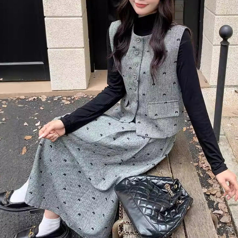 大きいサイズ レディース｜グレーリボンドット・ツイード3点